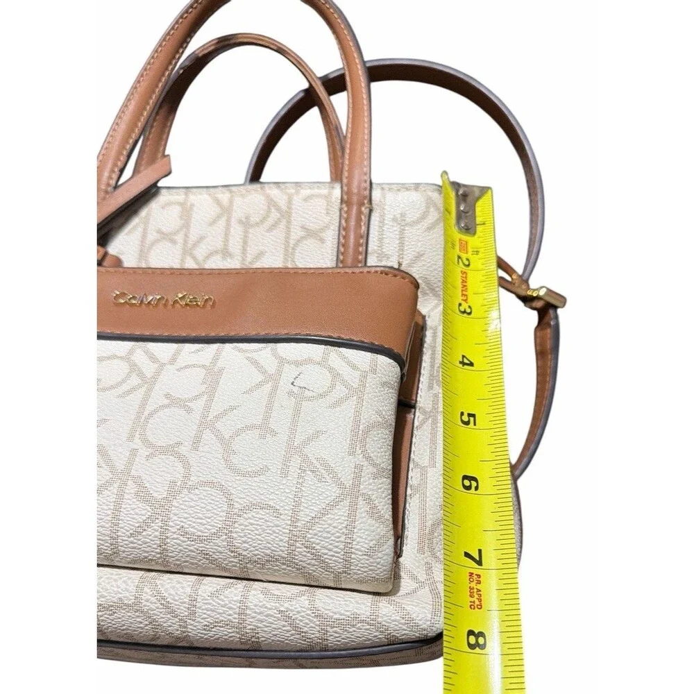 Calvin‎ Klein Signature Monogram Satchel Crossbody Beige Brown Zip Bag
